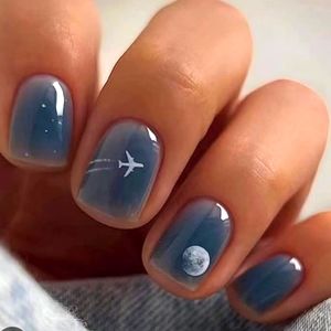 BettyCora Plane Moon Glue On Nails Blue Short Square